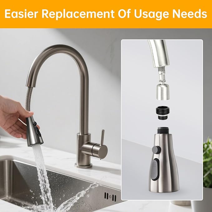 Pull Down Kitchen Faucet Spray Head Replacement, 3-Function High Pressure Sink Faucet Sprayer with 9 Adapters, Compatible with American Standard