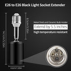 2 PCS Ceramic & Metal E26 Light Socket Extender Black - 5.5" Length,90° Vertical & 360° Horizontal Adjustable, 110V-240V, 150W Max, Fire-Resistant, Light Socket Extender for E26 Light Bulb