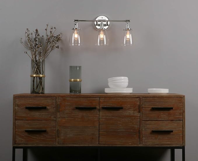 Phansthy 3-Light Wall Sconces Antique Brass Vanity Light, Industrial Wall Lamps with On Off Switch and Clear Glass Lampshade, Vintage Wall Lighting for Bathroom Living Room (Chrome, Bell Shade)
