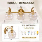 ANDY STAR Gold Bathroom Light Fixtures, Antique Brass Vanity Light, 3 Lights Wall Light with Globe Clear Lampshade, Vintage Wall Sconce with Metal Lamp Body for Bedroom, Living Room, Hallway