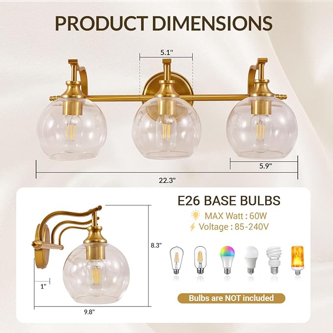 ANDY STAR Gold Bathroom Light Fixtures, Antique Brass Vanity Light, 3 Lights Wall Light with Globe Clear Lampshade, Vintage Wall Sconce with Metal Lamp Body for Bedroom, Living Room, Hallway
