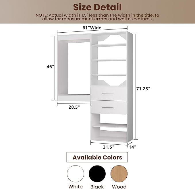 ROOMTEC Modular Closet System, 61" Wall Mounted Closet Organizer with Hanging Rods and Drawers, Wooden Tower for Walk-In Closets, Wardrobe Storage Kit, White