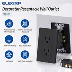ELEGRP Matte Black Standard Decorator Electrical Wall Receptacle Outlet, 15A 125V, 2 Pole 3 Wire, Non-Tamper Resistant, NEMA 5-15R, Self-Grounding, Mid Wall Plate Included, UL Listed (10 Pack)
