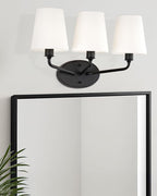 Emak Modern Black Vanity Light, Farmhouse Bathroom Light Fixtures with Flared White Fabric Shade, 3-Light Wall Sconces for Bathroom, Hallway, Bedroom, VL132-BK-WF-3
