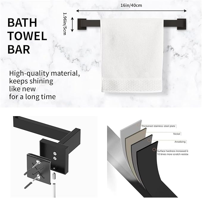 Bathroom Accessory Towel Bar Set: 5 Pieces Matte Black Bathroom Hardware Square SUS304 Stainless Steel - Wall Mounted Towel Rack&Toilet Paper Holder&Towel Ring and Robe Hooks.