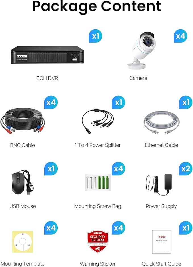 ZOSI H.265+ Full 1080p Home Security Camera System with AI Human Vehicle Detection, 8 Channel 5MP-Lite CCTV DVR (No HDD), 4 x 1080p Weatherproof Surveillance Camera Outdoor Indoor, 80ft Night Vision