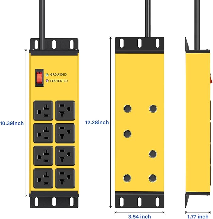 CCCEI Magnetic Heavy Duty Power Strip Surge Protector 20Amp, 12 Gauge High Amp Extension Outlets, Garage Wall Mount 8 Plug Metal Power Strip. 15FT, Yellow, 5-15P Adapter 6-20R T-Slot 20a for Appliance
