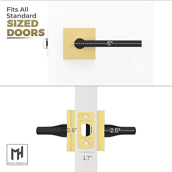 Mega Handles Prime Passage Lever Door Handle for Closet or French Doors, Single Side Door Levers, Fits All Standard Door Sizes, Covered Screws Included - Satin Brass/Matte Black (1 Pack) 5"