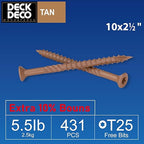 Wood Screws #10 x 2-1/2" 431pcs(Approx), Tan Ruspert Coating Exterior Deck Screws, Torx/Star Drive Flat Head,Twist Shank, Cut Tip/Thread, Bit Included, 5.5 lb/Box