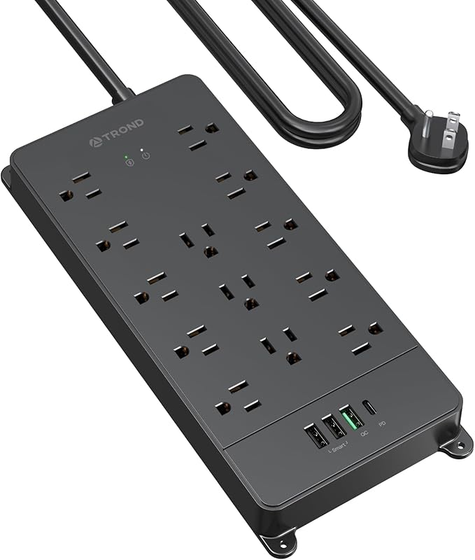 TROND Surge Protector Power Strip, 5ft Heavy Duty Extension Cord with 32W USB C & QC 3.0 Charger, 4000 Joules, ETL Listed, 13 Wide Spaced Outlets, Flat Plug, Wall Mount for Home Office Supplies, Black