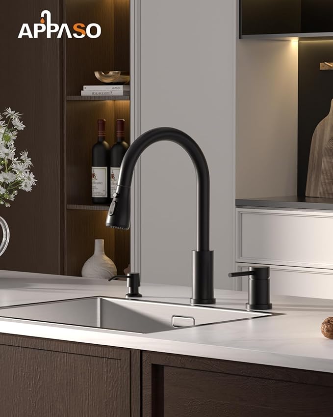 APPASO 3 Hole Kitchen Faucet, Matte Black Kitchen Faucet with Soap Dispenser and Pull Down Sprayer 3 Modes, Stainless Steel High Arch Kitchen Sink Faucet with Separate Handle 3 Pieces