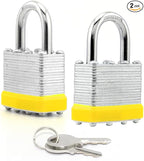 LanuBe Lock Laminated keyed Padlock (1-9/16", 40mm), keyed Alike Locks, Normal Shackle,Marked Yellow Plastic Hoop, Pack of 2