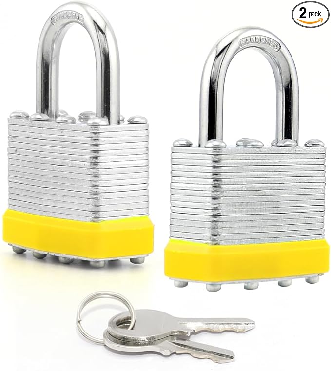 LanuBe Lock Laminated keyed Padlock (1-9/16", 40mm), keyed Alike Locks, Normal Shackle,Marked Yellow Plastic Hoop, Pack of 2