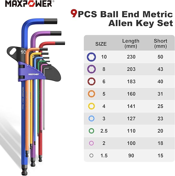 MAXPOWER Allen Wrenches Sets, 27-Piece Allen Key Wrench Set Includes SAE (1/6-3/8"), Metric (1.5-10mm), Torx (T10-T50), Extra Long Arm Ball & Torx End Hex Key Set with T-Handle