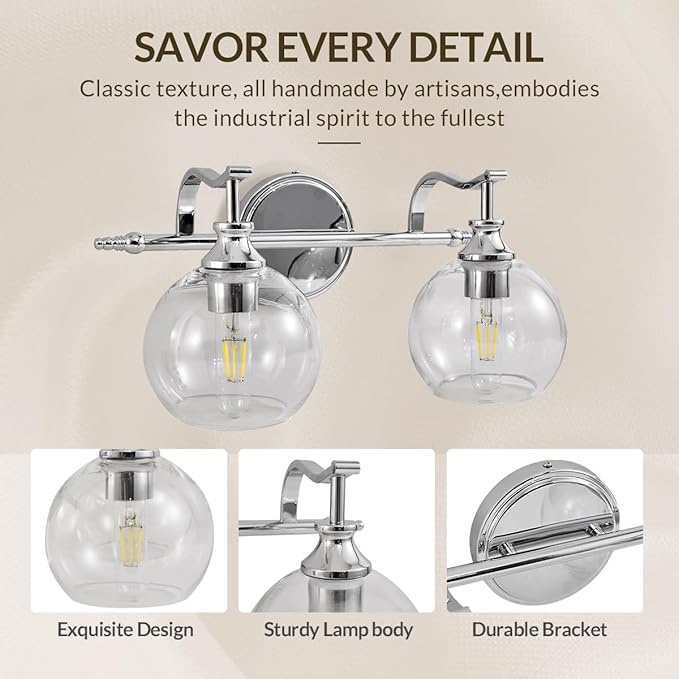 ANDY STAR Chrome Bathroom Light Fixture, 2-Light Modern Vanity Lights, Modern Wall Sconce with Clear Globe Glass Shades, Industrial Wall Lamp with Curved Arm for Bathroom, Powder Room, Over a Mirror