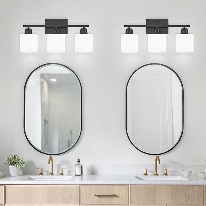 3-Light Bathroom Light Fixtures, Black Bathroom Vanity Lights with Milky White Frosted Glass Shades, Black Vanity Light for Bathroom Mirror, Bedroom, Living Room, Vanity Table, E26 Base
