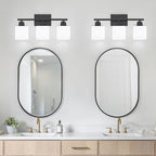 3-Light Bathroom Light Fixtures, Black Bathroom Vanity Lights with Milky White Frosted Glass Shades, Black Vanity Light for Bathroom Mirror, Bedroom, Living Room, Vanity Table, E26 Base