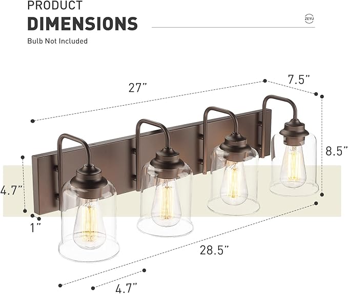 zeyu 28.5" Oil Rubbed Bronze Bathroom Light Fixtures, 4-Light Farmhouse Vanity Wall Lights with Clear Glass Shade, ZSL72B-4W ORB