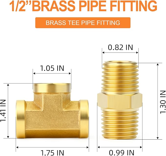 GASHER 4PCS Brass Tee Pipe Fittings, 1/2" NPT Female x 1/2" NPT Female x 1/2" NPT Male Pipe Fittings, Male Run Tee