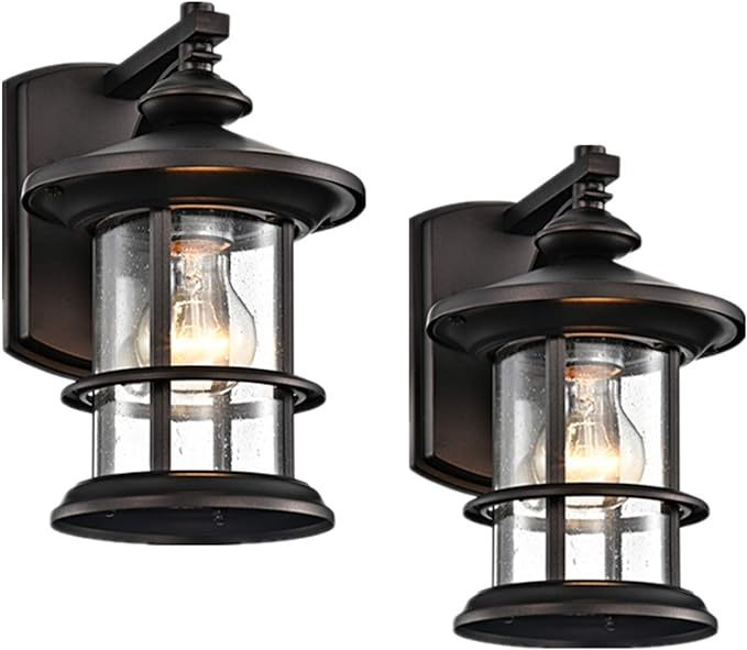 MICSIU Oil Rubbed Bronze Outdoor Wall Light 2 Pack, Clear Seedy Glass Exterior Wall Sconce Light Fixture, 10 Inch Metal Outdoor Porch Lights for House, Front Porch, Patio, Backyard