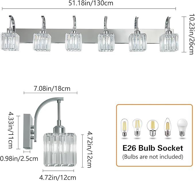 Crystal Vanity Lights 6-Light Chrome Bathroom Vanity Lights Modern Crystal Bathroom Light Fixtures Over Mirror 51.18" Long Vanity Light for Bathroom