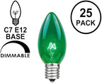 Novelty Lights Christmas Replacement Bulbs - Outdoor Individual Bulbs for Events, Holiday Parties, Patios, and More - C7/E12 Candelabra Base, 5 Watt Lights (Green, 25 Pack)
