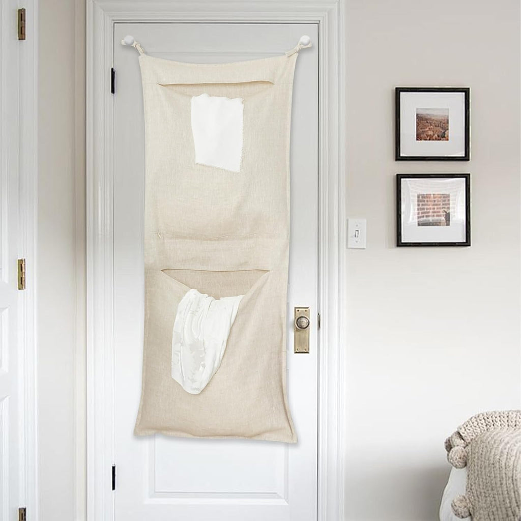 100% Linen Hanging Laundry Bag with 2 Compartments, Over the Door Laundry Hamper, Dirty Clothes Space Saving Organizer 19.7 x 47 Inches, Linen