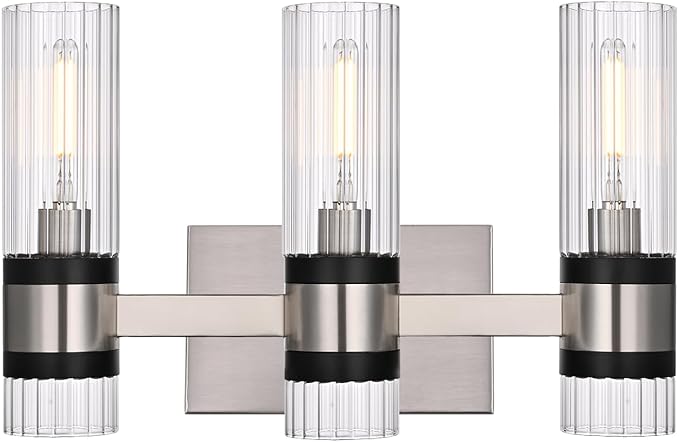 MELUCEE 3-Light Bathroom Light Fixtures Brushed Nickel, Farmhouse Vanity Lighting with Ribbed Clear Glass Shade Bathroom Bar Light Fixtures for Kitchen Bedroom Hallway, E12 Base