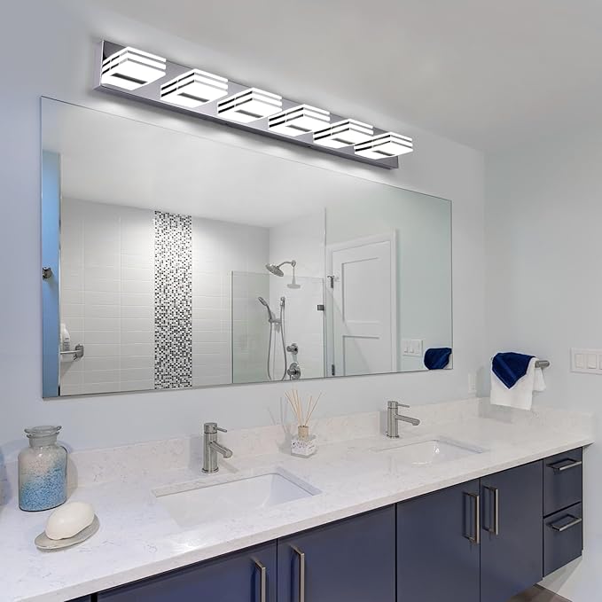 Modern Bathroom Light Fixtures 6 Light LED Vanity Lighting Bar 41 Inch Wall Lights above Mirror 36W Mirror Light Fixtures Chrome Bath Lamps 6000K Restroom Sink Light Long Vanity Sconces Lights