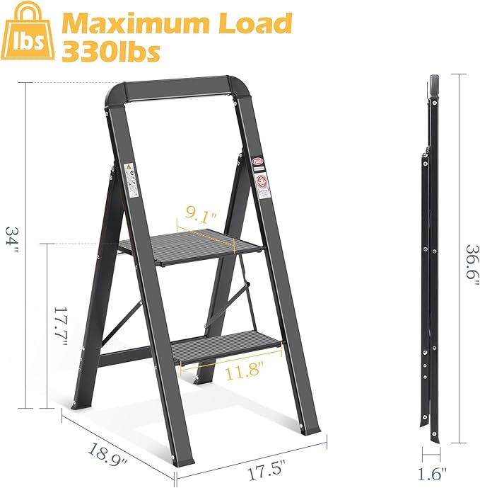 KINGRACK Step Ladder, 2 Steps, Folding Step Ladder with Handrail, Non-Slip Household Ladder with Folding Safety, Aluminium Step Stool, Maximum Load 150 kg, Black