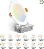 Amico 12 Pack 6 Inch 5CCT Ultra-Thin LED Recessed Ceiling Light with Junction Box, 1050LM Brightness, Dimmable Canless Wafer Downlight, 12W, ETL&FCC