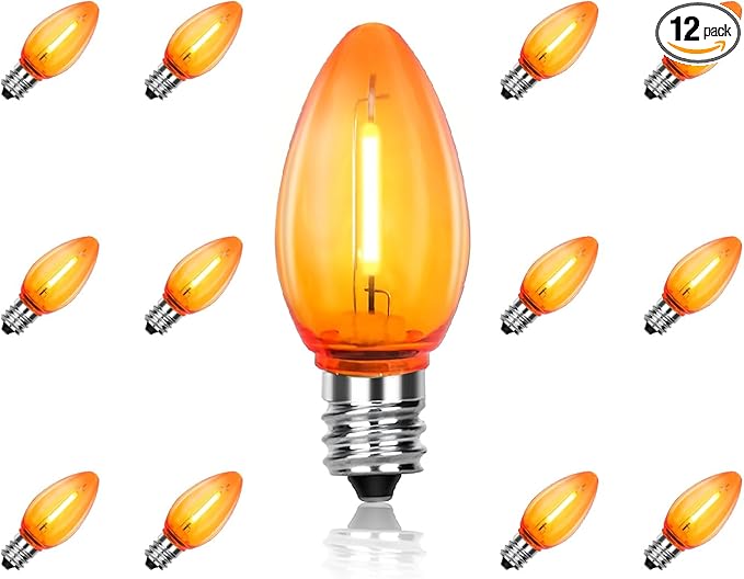 C7 LED Light Bulbs, 12 Pack Halloween Orange Outdoor String Lights Replacement Bulbs, 0.6W E12 Candelabra Base for Patio, Halloween & Christmas Party Decor