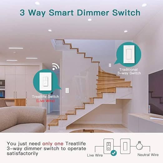 TREATLIFE 3 Way Smart Dimmer Switch, Smart Switch Compatible with Alexa and Google Assistant, 2.4GHz WiFi Light Switch, Schedule, Neutral Wire Needed, No Hub Required, 1 Pack