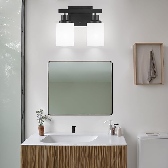 Bathroom Light Fixtures Over Mirror, 2-Light Modern Matte Black Vanity Lights with White Frosted Glass Shade, Bathroom Wall Lamp Sconces for Mirror Bedroom, Living Room Hallway Small Space