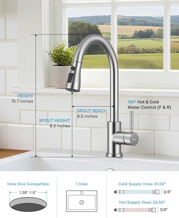 WEWE Kitchen Faucets with Pull Down Sprayer, Stainless Steel Single Handle 1 Hole for Family Kitchen Commercial Camper Laundry Rv Bar, Brushed Nickel