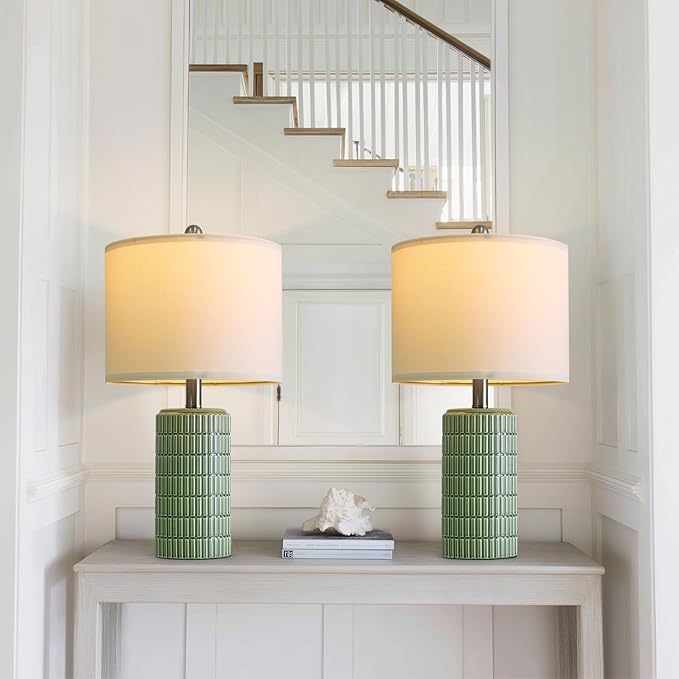 PoKat 20.75" Small Modern Ceramic Table Lamps Set of 2 for Bedroom, Green Bedside Lamps for Night Stands, Farmhouse House Decor Nightstand Table Lamps for Living Room End Table Green