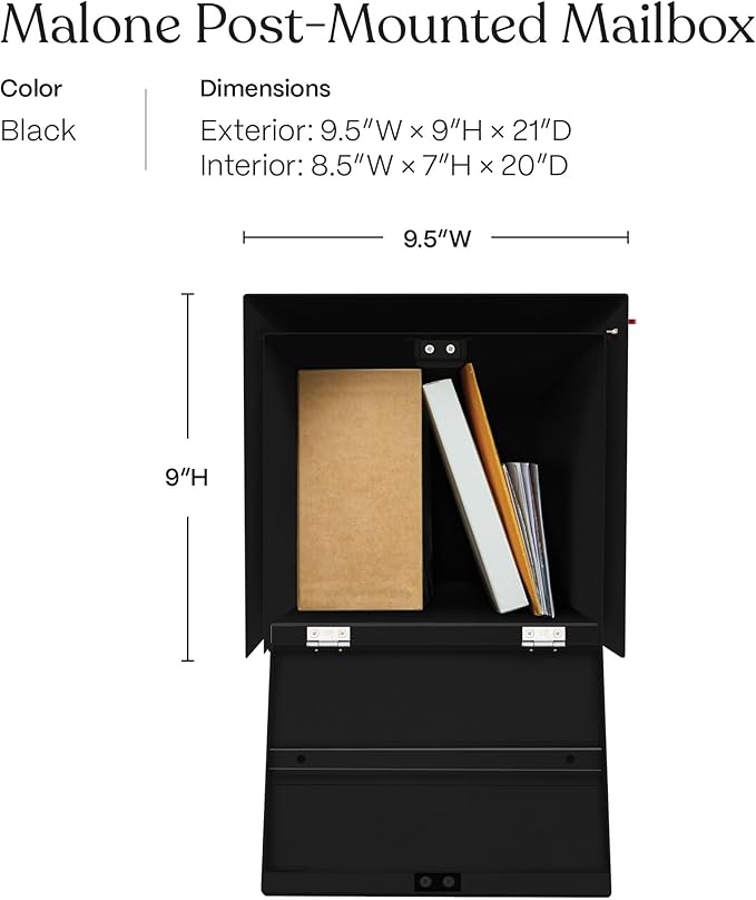 post & porch Malone Mailbox | Post Mounted Mailbox | Black/White/Gray/Brown/Red/Blue/Green, Regular or Large, Weatherproof Mail Box for Outside, Customizable (Black, Regular)