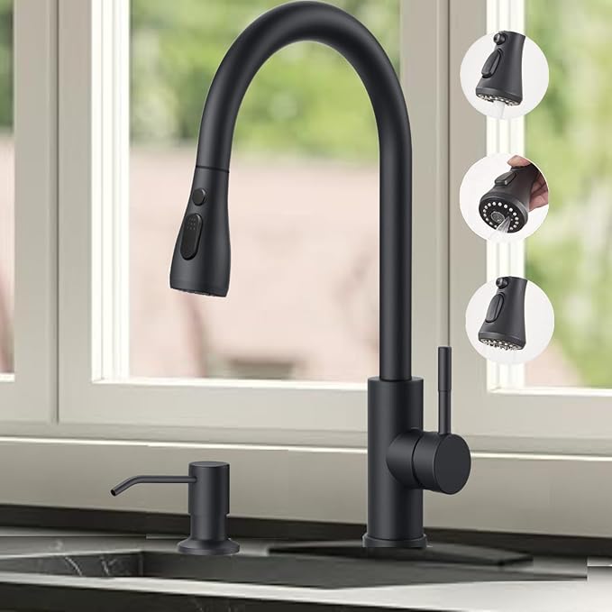 Smart Kitchen Faucet, 3 Modes Pull Down Sprayer, Ceramic Valve, 360-Degree Rotation, 1 or 3 Hole Deck Plate. 10-Year Warranty. (KW-68R, Matt Black)