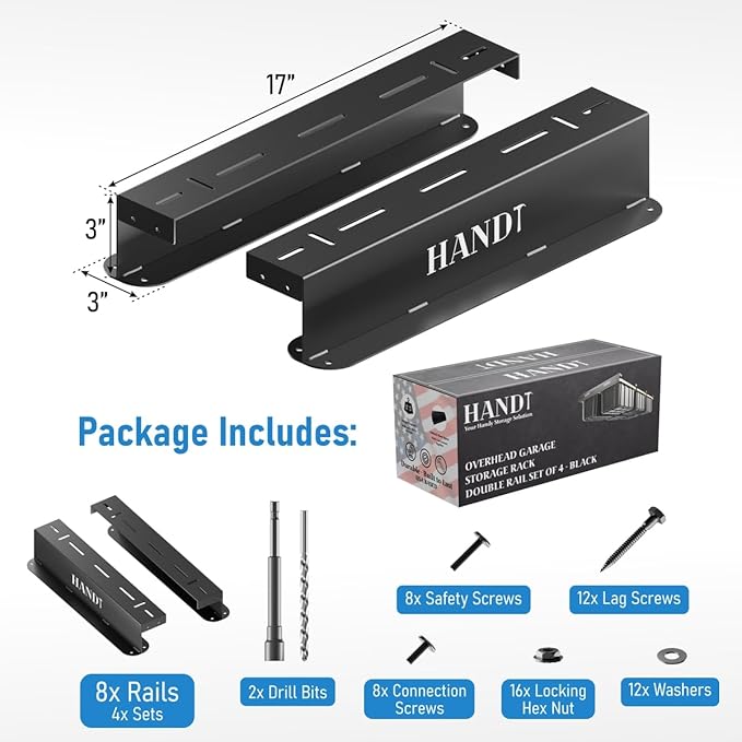 HANDT Overhead Garage Storage Rack, Connectable Heavy Duty Metal Ceiling Rails For Garage Storage Organization Shelving System, Hanging Racks For Tote Containers, Supports Up To 6 Bins, 4 Sets Black