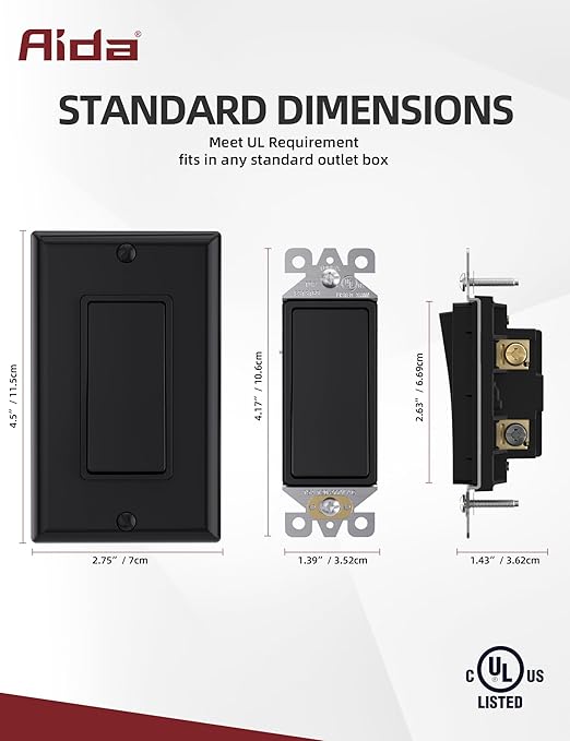 AIDA 3 Way Decorative Light Switch, 15Amp, 120/277 Volt, AC Decorator Rocker Paddle Wall Switch Replacement, UL Listed - Residential and Commercial Grade (10 Pack,Black White)