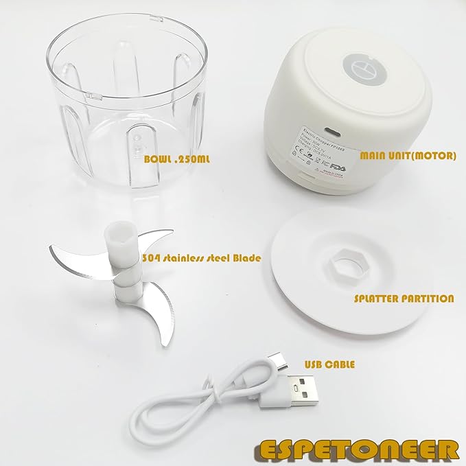 Electric Garlic Chopper, Cordless USB Chargeable Mini Food Processors 250ML (White)