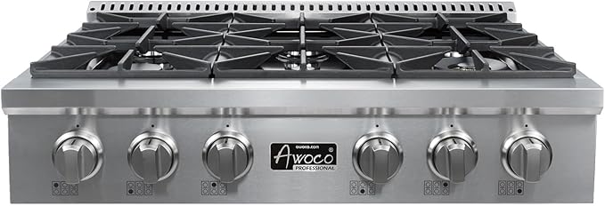Awoco 36” Professional Stainless Steel Gas Cooktop, LPG/NG Convertible Gas Rangetop with 6 Sealed Burners, Stove top with cast iron grates Made in Italy & ETL Certified