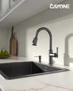 Black Stainless Kitchen Sink Faucet with Pull Down Sprayer, DAYONE Single Handle 1 Hole High Arc Flow 360° Swivel Kitchen Faucets with Soap Dispenser, APS136BS