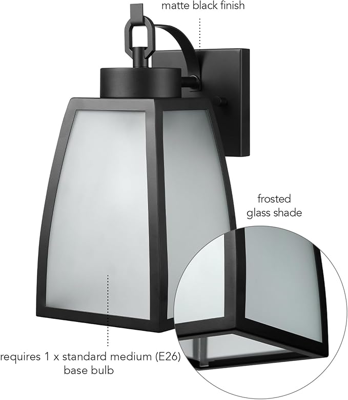 GLOBE Electric 60000166 1-Light Outdoor Wall Sconce, Matte Black, Frosted Glass