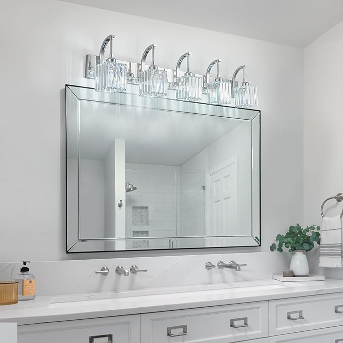 Crystal Vanity Lights 5-Light Chrome Bathroom Vanity Lights Modern Crystal Bathroom Light Fixtures Over Mirror 42.51" Long Vanity Light for Bathroom