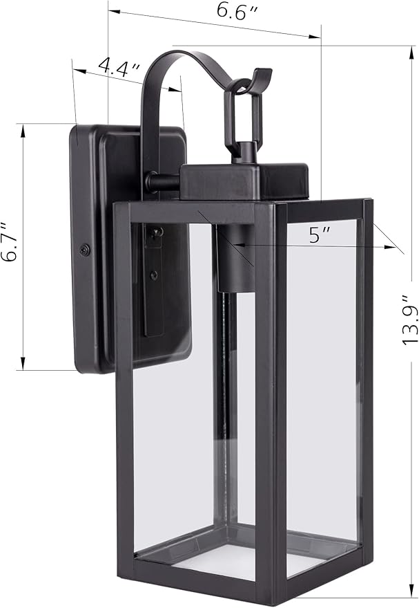 LIT-PaTH Dusk to Dawn Outdoor Wall Lantern, Wall Sconce as Porch Lighting Fixture, E26 Medium Base Max 60W, Anti-Rust Metal with Glass Shade, Black, 1-Pack