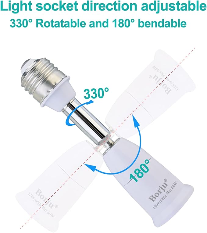 Borju Light Socket Extender [2-Pack], 4.5 Inch Extension, 360° Adjustable Socket, White