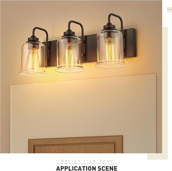 zeyu 20.5 Inch Farmhouse Bathroom Vanity Light Fixtures, 3-Light Bath Light Fixtures for Bathroom Above Mirror, Oil Rubbed Bronze Finish with Clear Glass Shade, ZSL72B-3W ORB