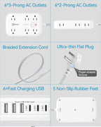 Power Strip with USB, 2100J Surge Protector Flat Plug Extension Cord 5ft, 12 Outlets & 6 USB(3 USB C)Charging Station, 3 Side Outlet Extender Wall Mountable for Tablet Laptop Computer Multiple Devices