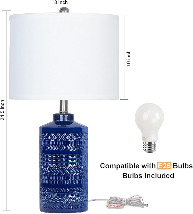 24.5" Navy Blue Table Lamp Modern Bedside Ceramic Lamps for Living Room 3-Way Dimmable Entryway Nightstand Farmhouse Lamp for Home Office Bedroom, Bulb Included